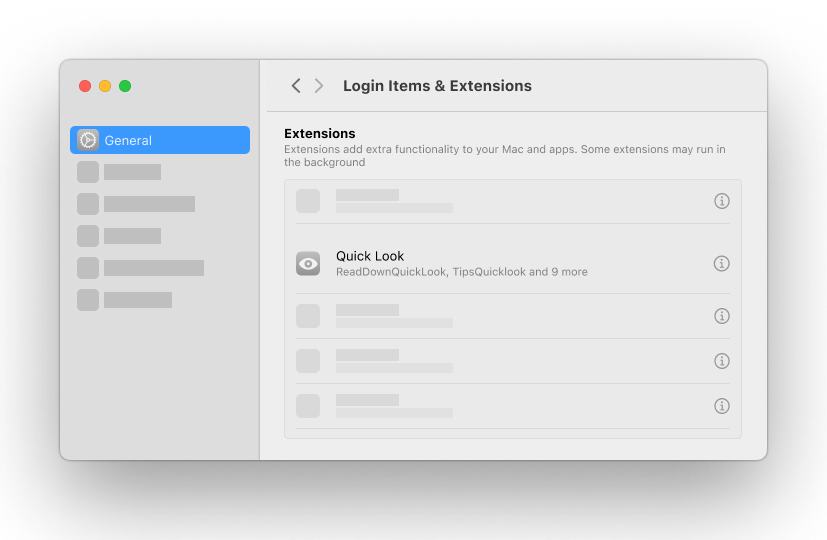 System Settings showing Login Items and Extensions with Quick Look