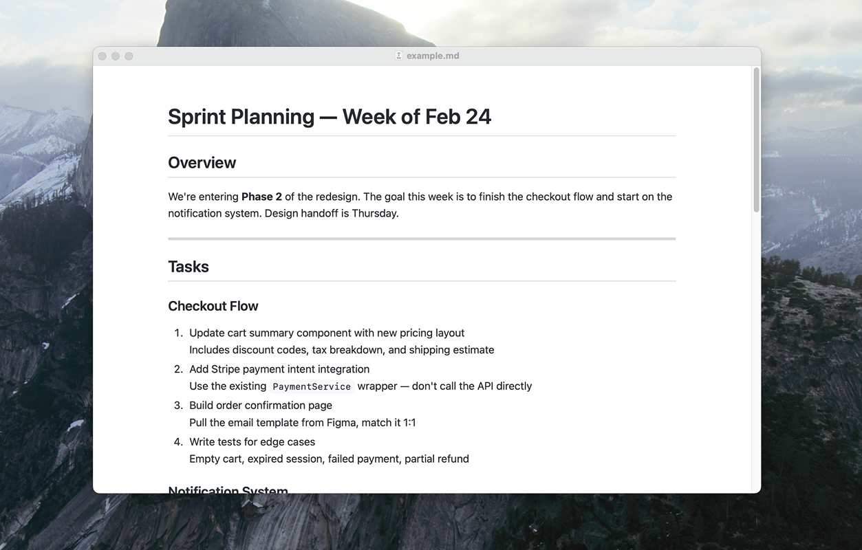 Readdown markdown reader on Mac showing rendered headings and lists