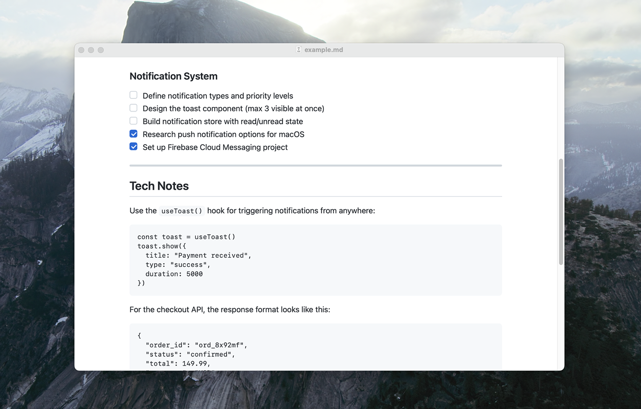 Readdown rendering a markdown file with task lists and syntax-highlighted code blocks
