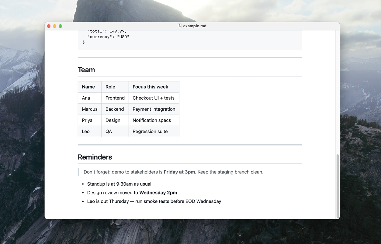 Readdown displaying markdown tables and blockquotes in dark mode